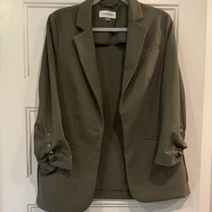 Calvin Klein Olive Women's Blazer with Rolled Button Sleeves